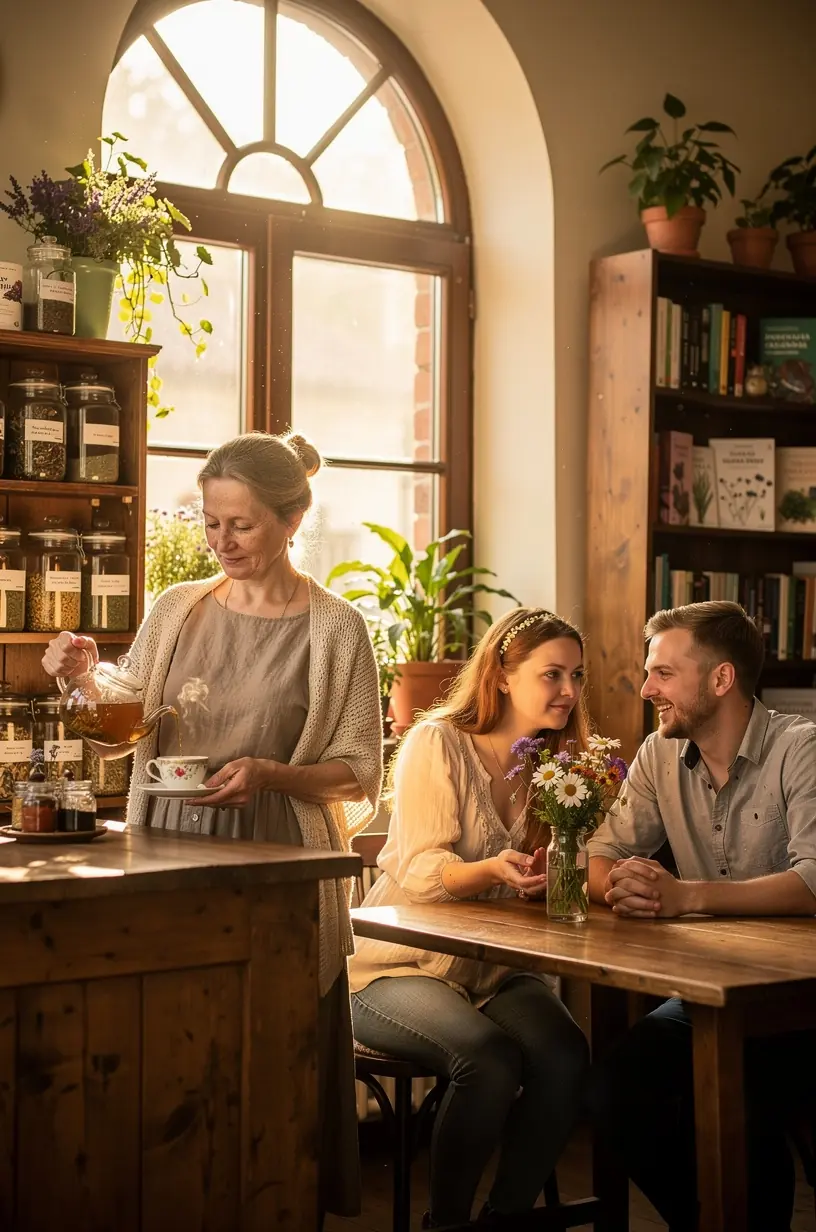Šilto žolelių arbatos puodelis ant medinio stalo, šalia ramybės ir pusiausvyros simbolių, skatinantis natūralią atsipalaidavimo rutiną.